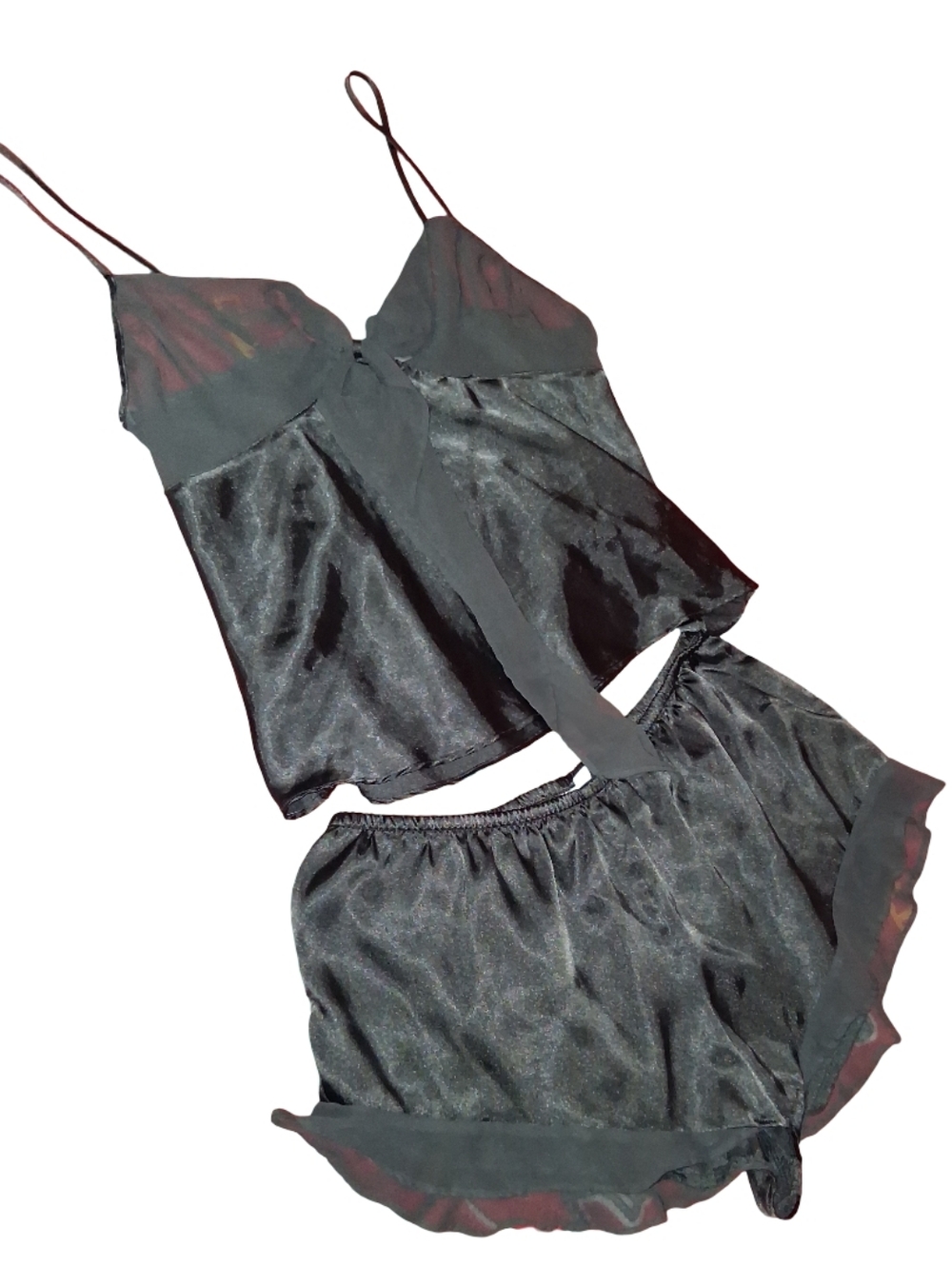 Clothes: Womens Black Satin cami sleep set with sheer bow trim 2pc (L & XL) NWOT
